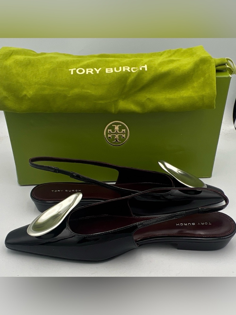 TORY BURCH Patos Leather Slingback Flats Pointed Toe Logo Women’s 7M NEW w/Box - Picture 10 of 16